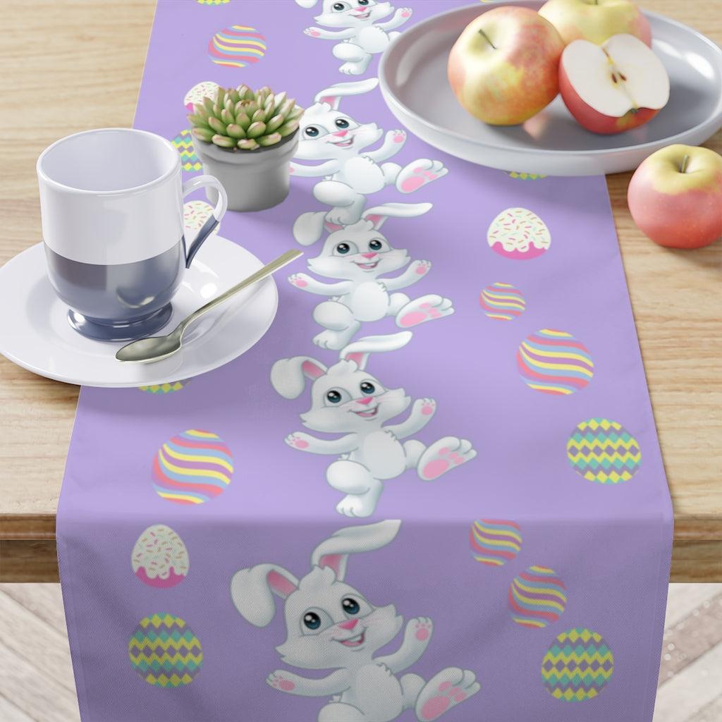 custom easter table runner with easter bunny and easter eggs in purple color