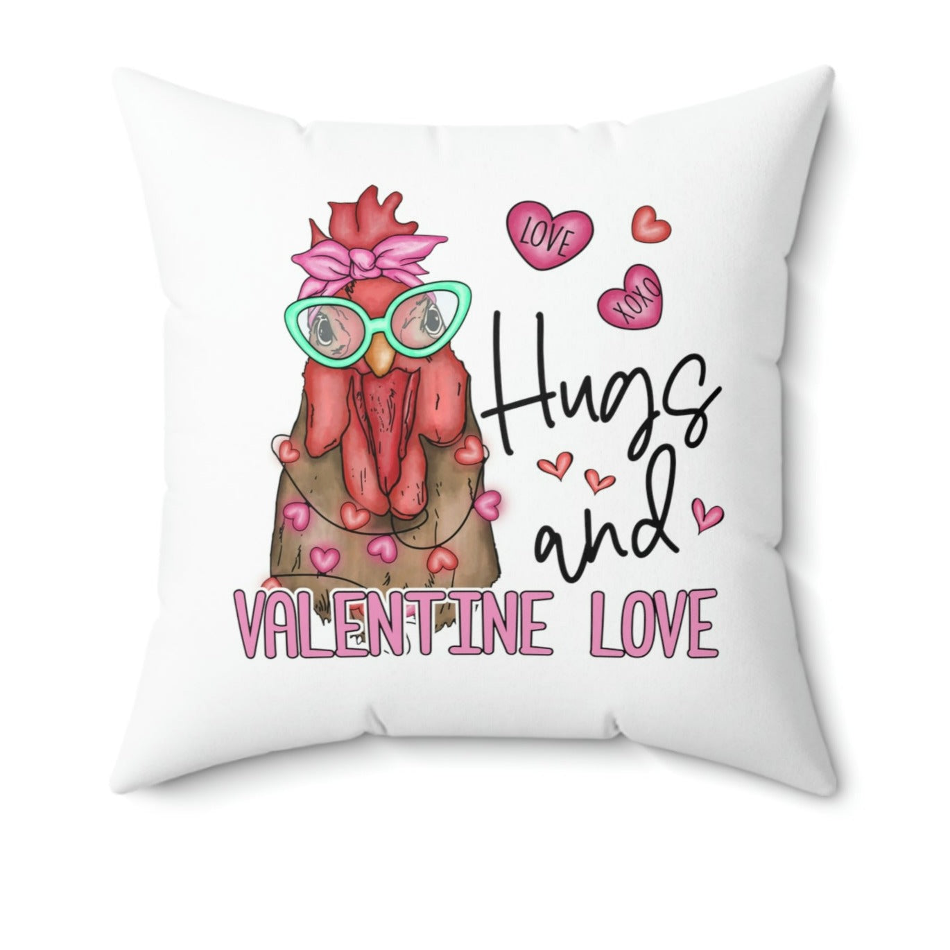 valentines day pillow with hearts and rooster in farmhouse style