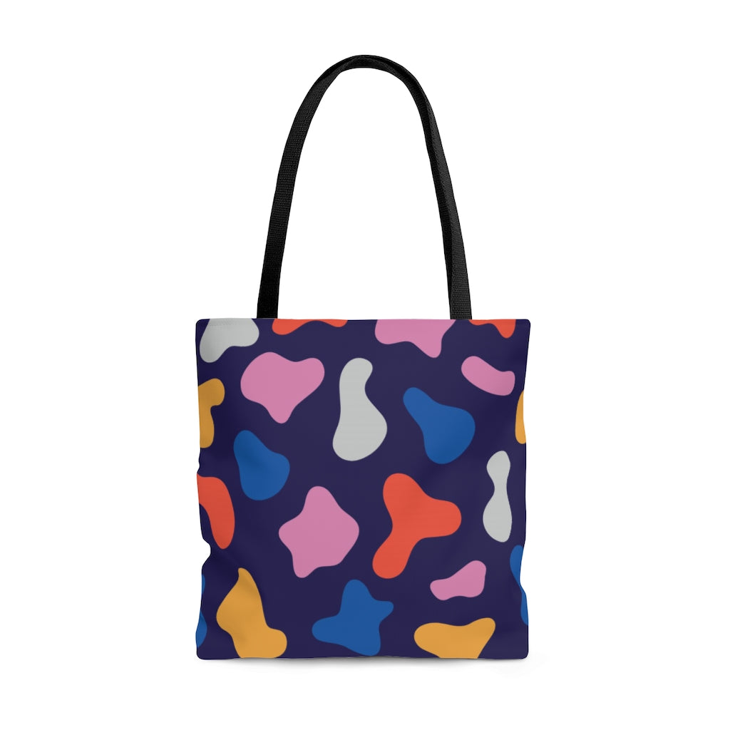 navy blue tote bag with colorful cow prints
