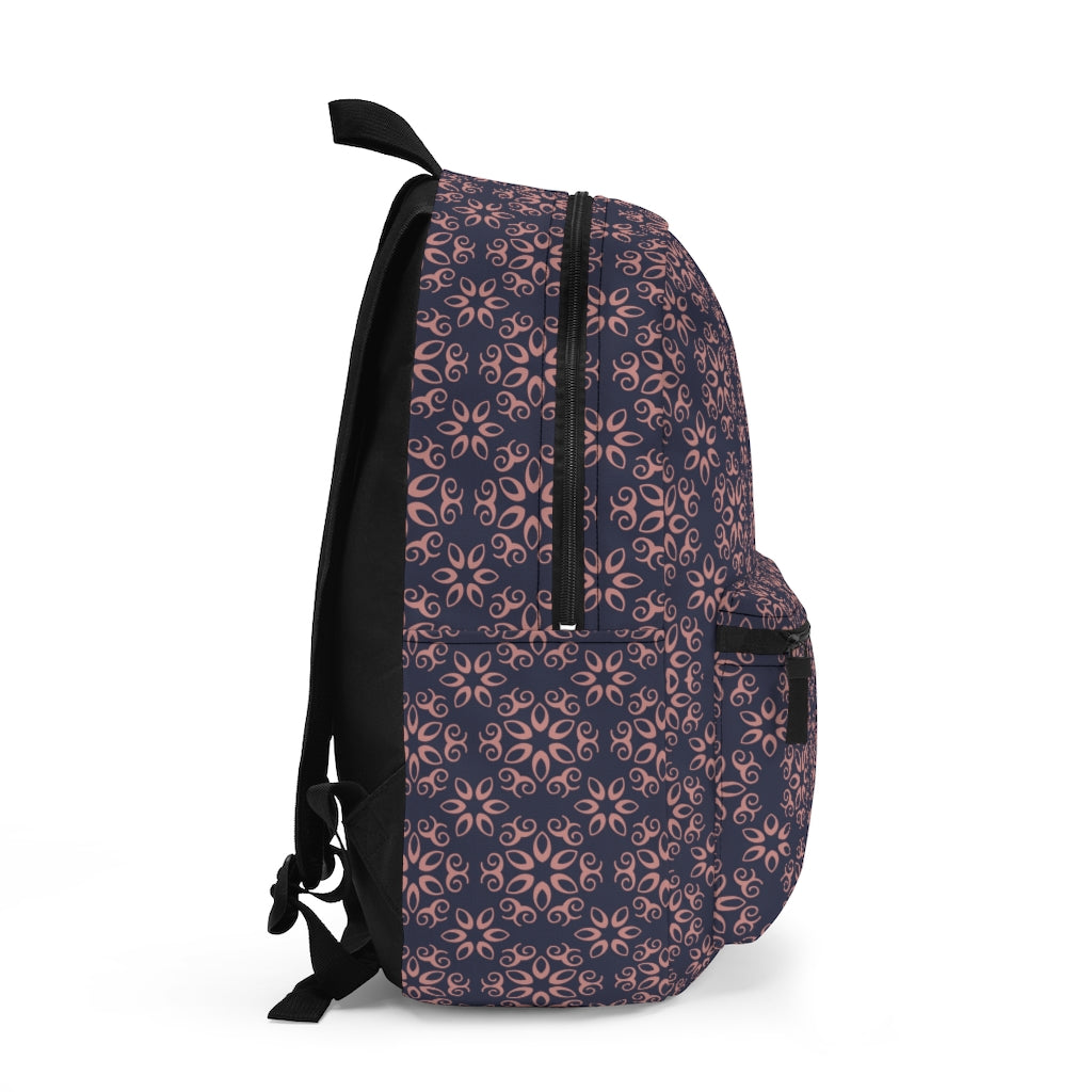 girls geometric backpack with pink flowers on navy blue background