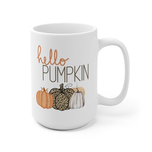 hello pumpkin coffee mug with orange pumpkins and leopard print pumpkin