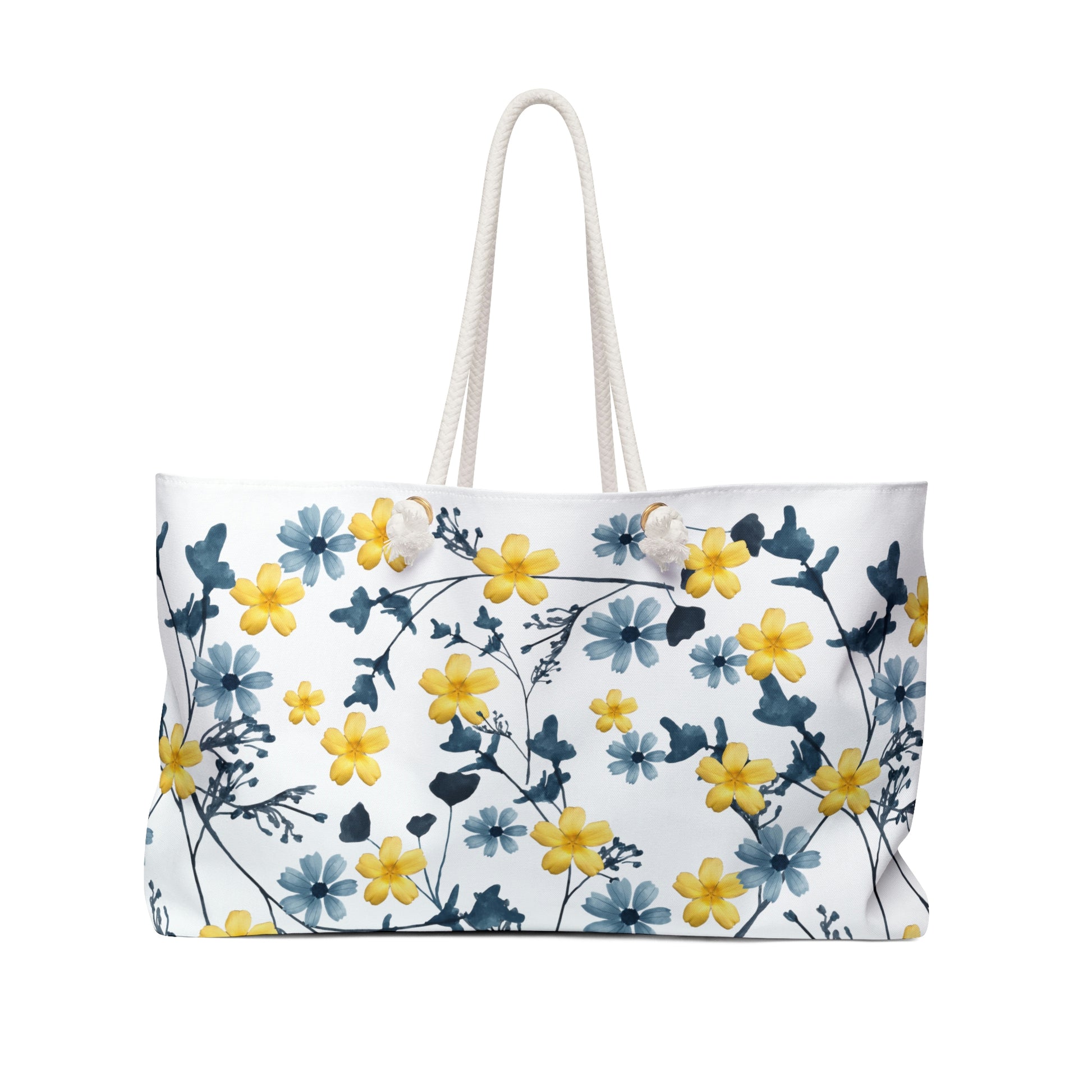 blue and yellow floral spring overnight travel bag
