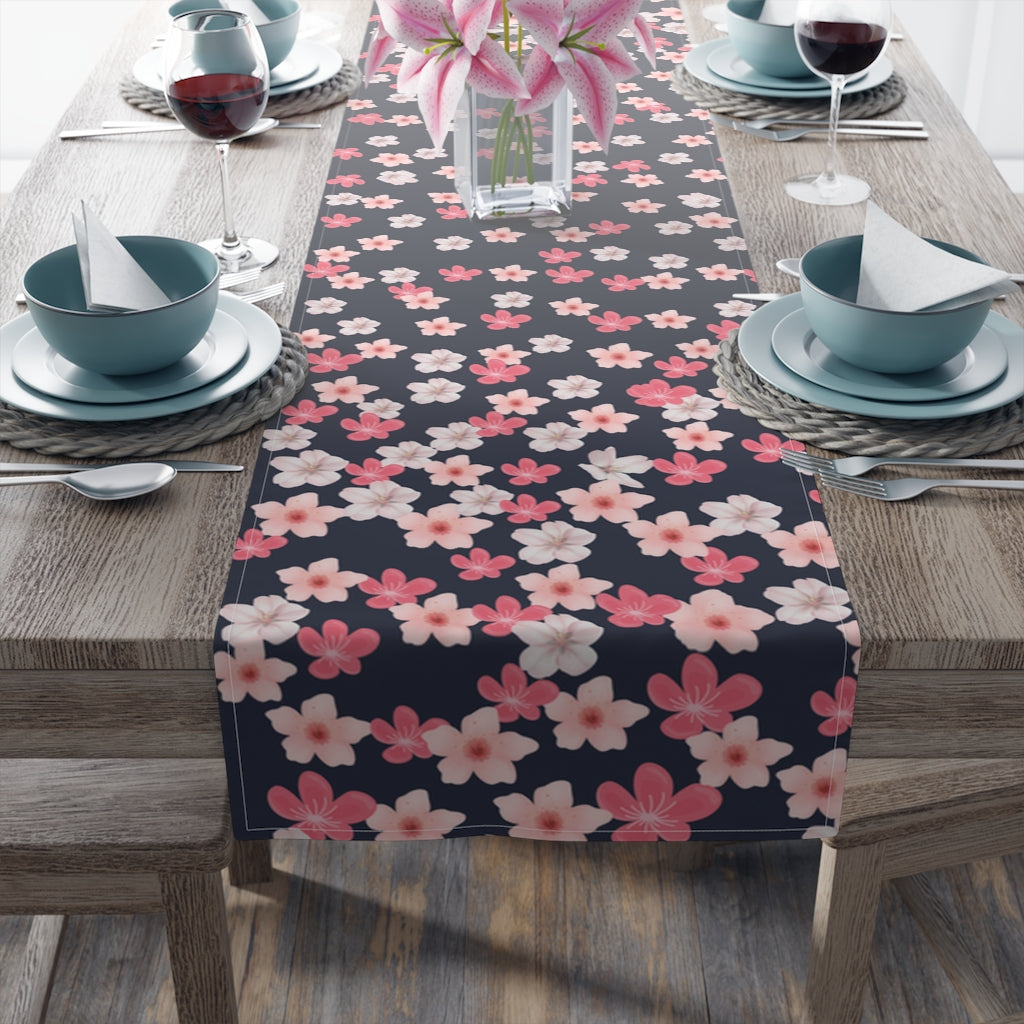 navy blue table runner with cherry blossom flowers in pink and white flowers