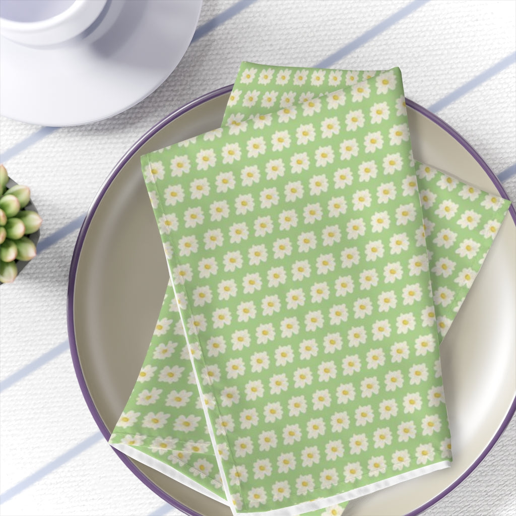 white daisy kitchen napkins, reusable green dining napkins for housewarming gift 