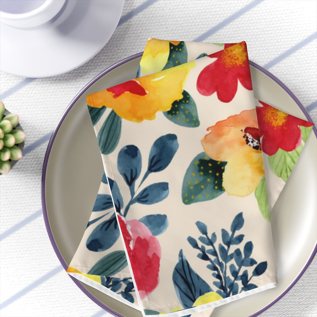farmhouse floral cloth dinner napkins with navy blue red and yellow flowers.