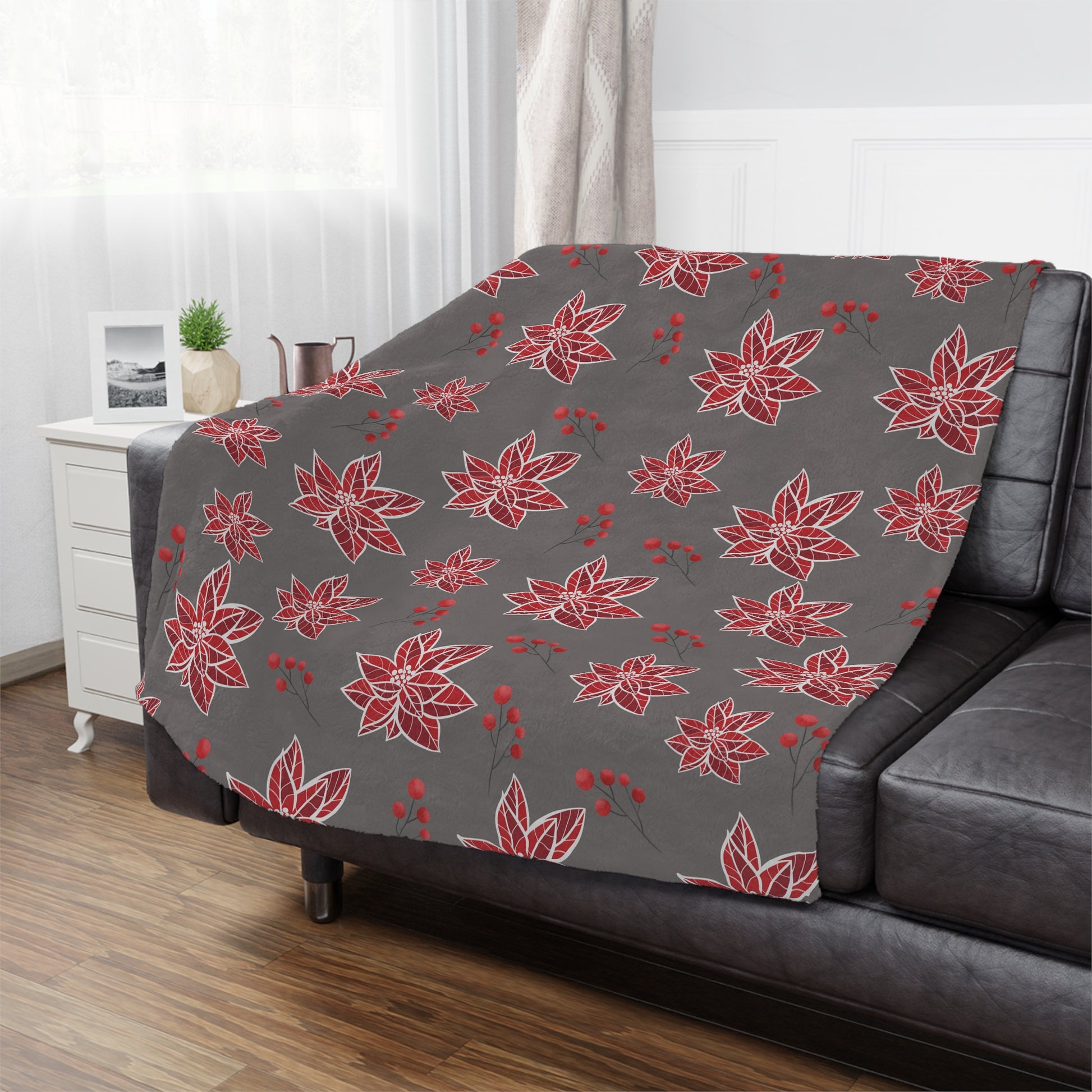 grey christmas blanket with red poinsettia pattern