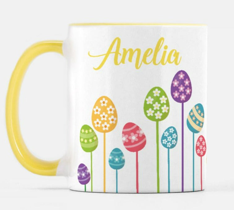 personalized easter mug with easter eggs and yellow handle