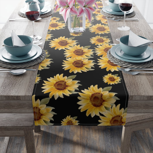 black watercolor table runner with sunflower pattern
