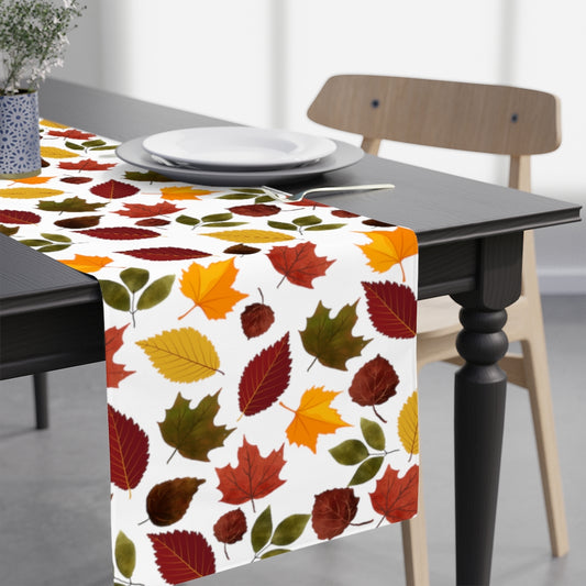fall leaves table runner with green, yellow, orang and red autumn leaves pattern