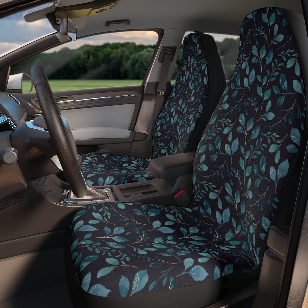 blue leaf print car seat covers in a set of 2