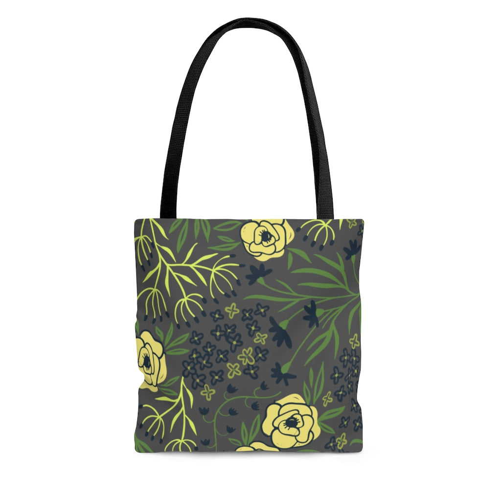 womens navy blue, gray and yellow flowers tote bag 