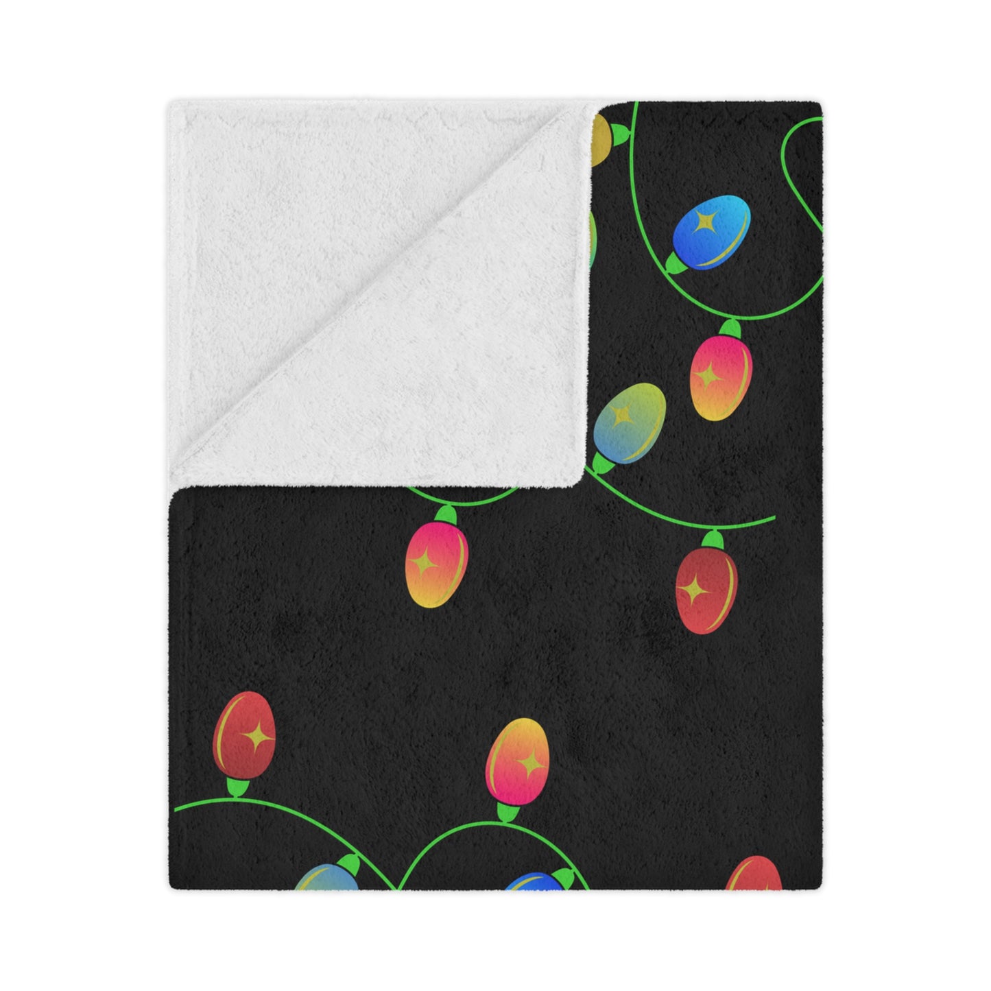 christmas blanket in black with yellow, red and blue christmas lights