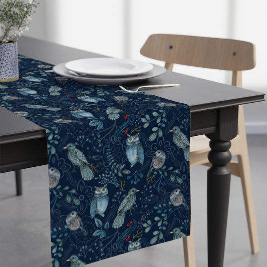 forest animal table runner with birds and owls in navy blue color