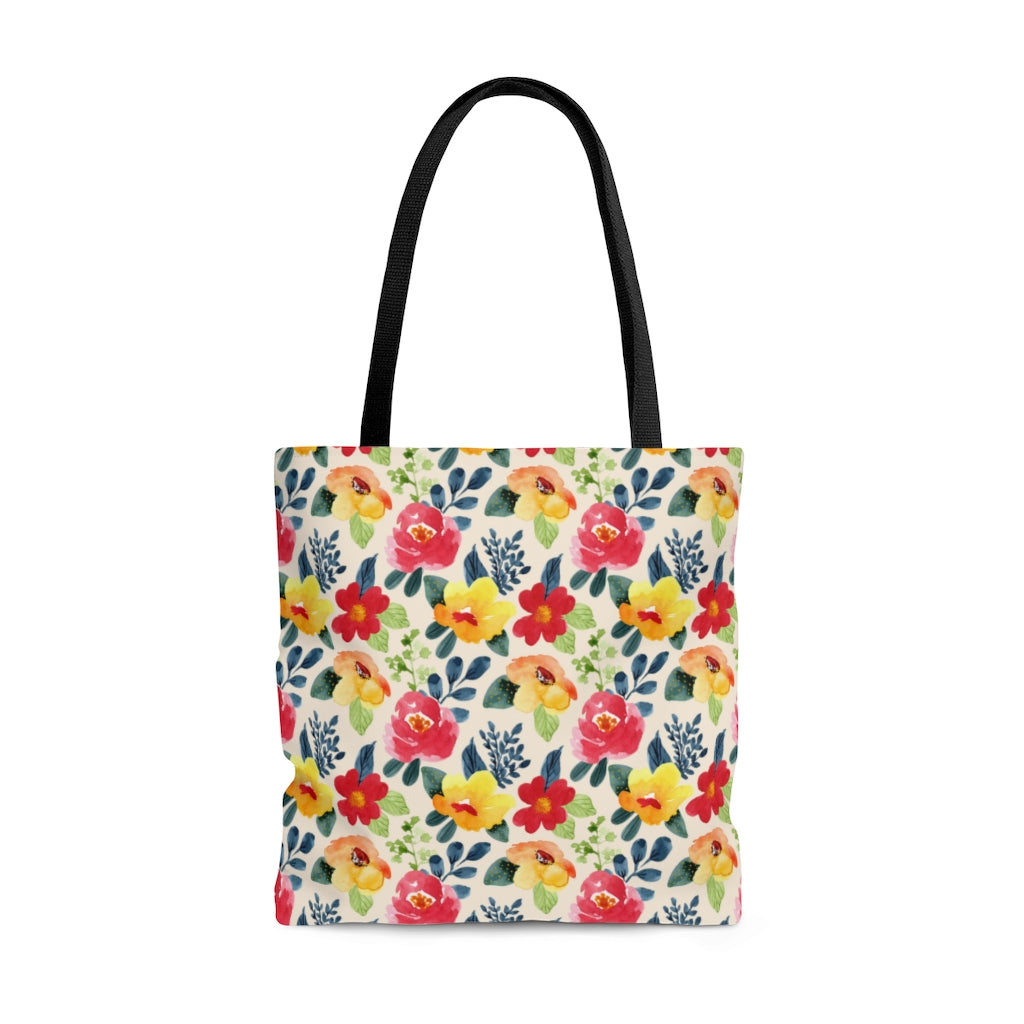 summer floral tote bag with red, yellow and navy blue watercolor flowers
