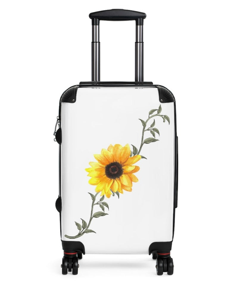 yellow sunflower suitcase with white background 