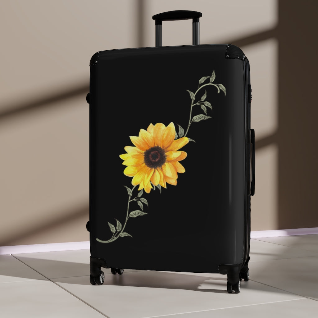 Sunflower Suitcase / Custom Black Floral Luggage