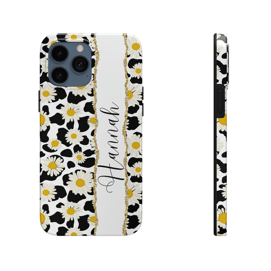 personalized cow print and daisy iphone case with sparles and glitter for girls