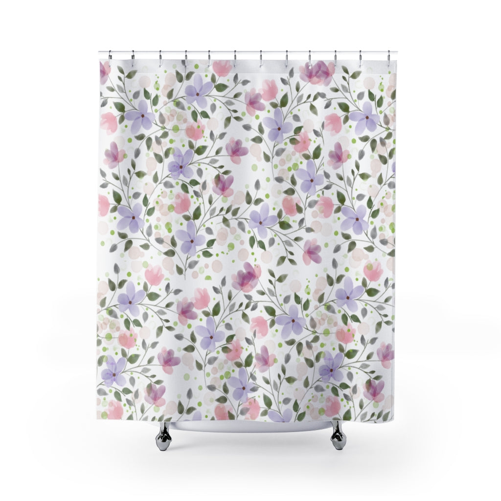 summer floral shower curtain with purple and pink flowers and green leaves
