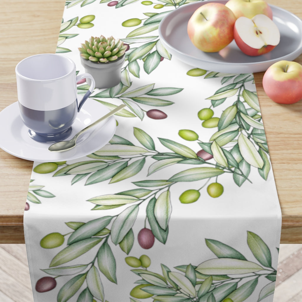 olive branch table runner with green and plum colors 