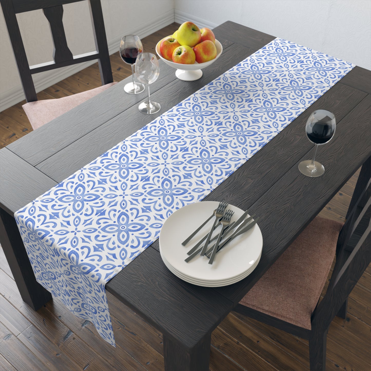 Blue Floral Table Runner /  Blue Tile Print Runner