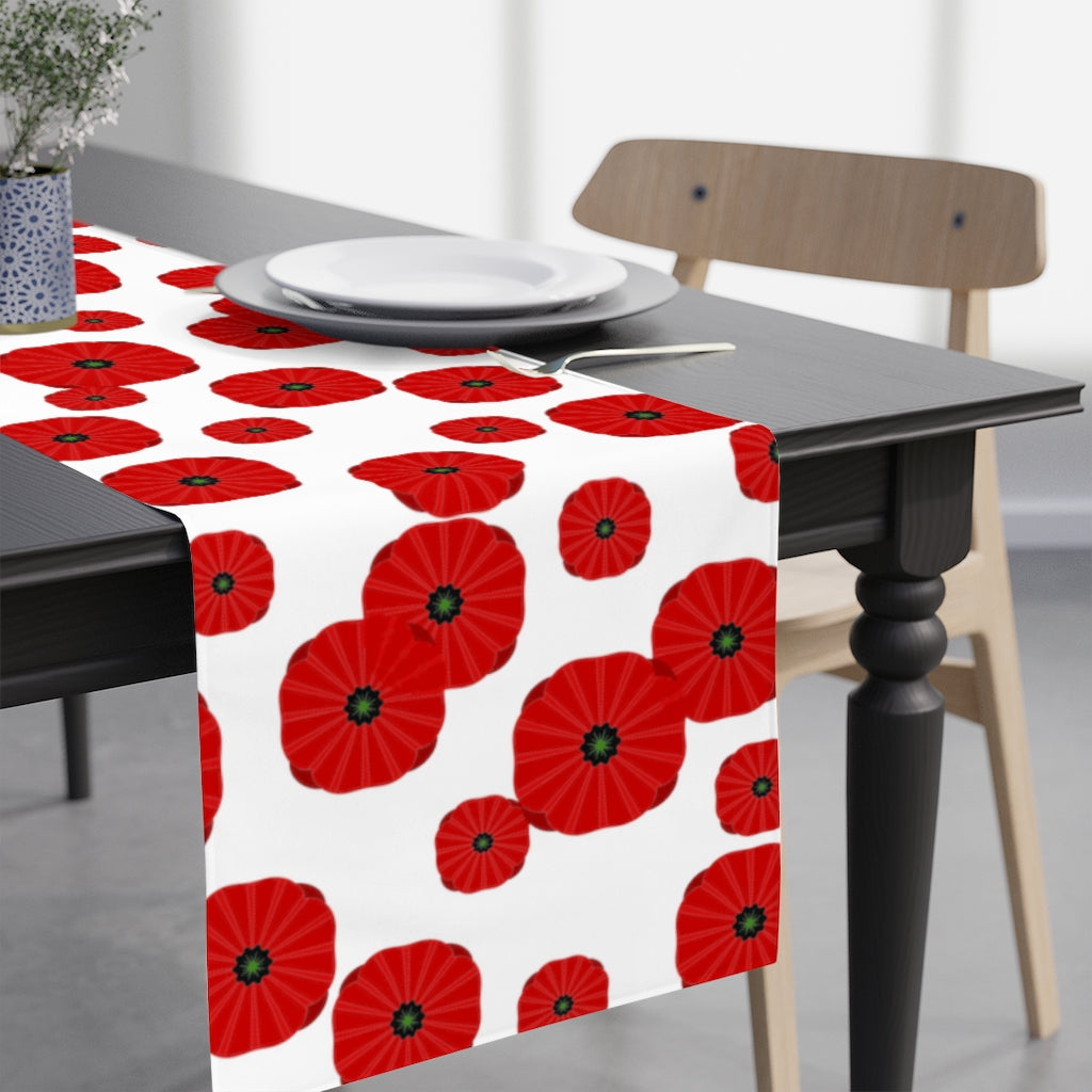 red poppy table runner with poppy flower print