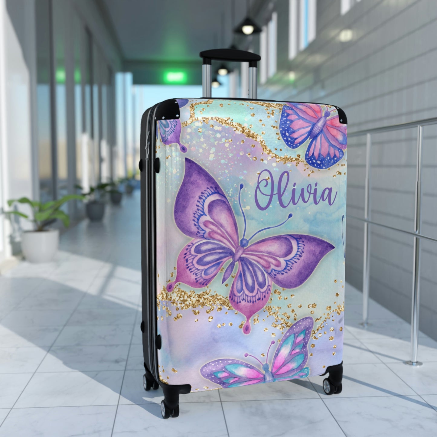 Butterfly Suitcase, Girl's Luggage, Purple Suitcase, Wheeled Suitcase
