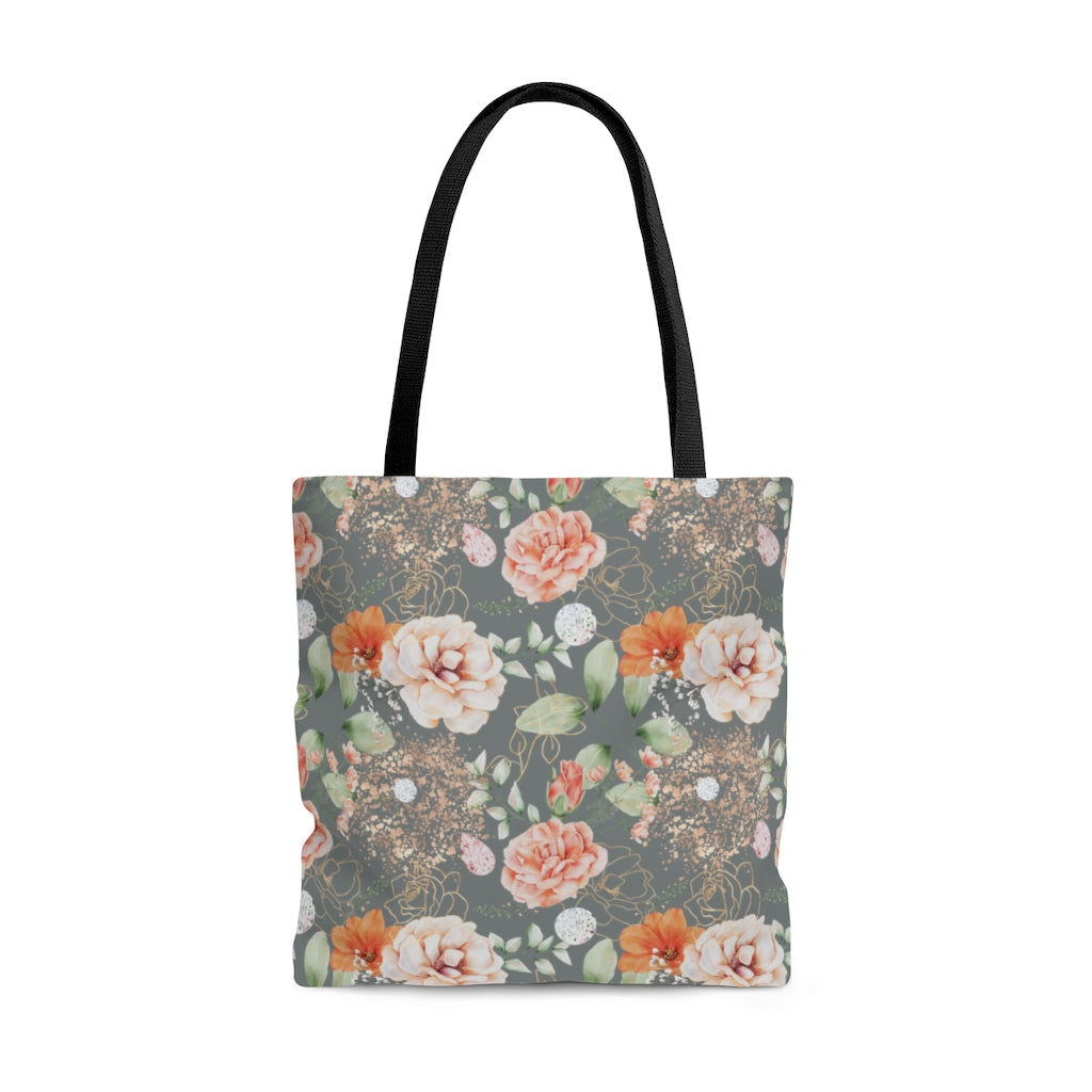 gray tote bag with summer rose print