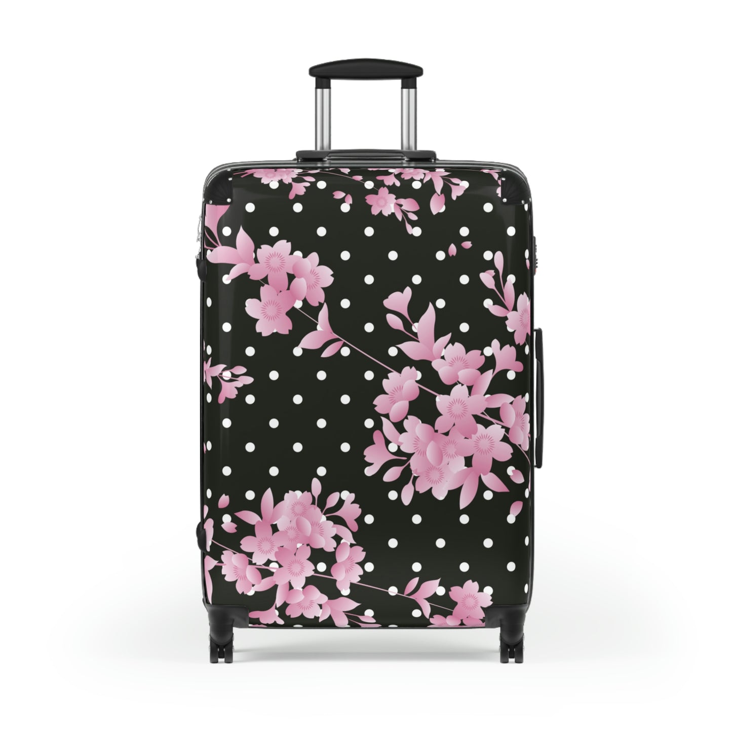 womens wheeled hard shell suitcase with pink polkadots and pink flowers