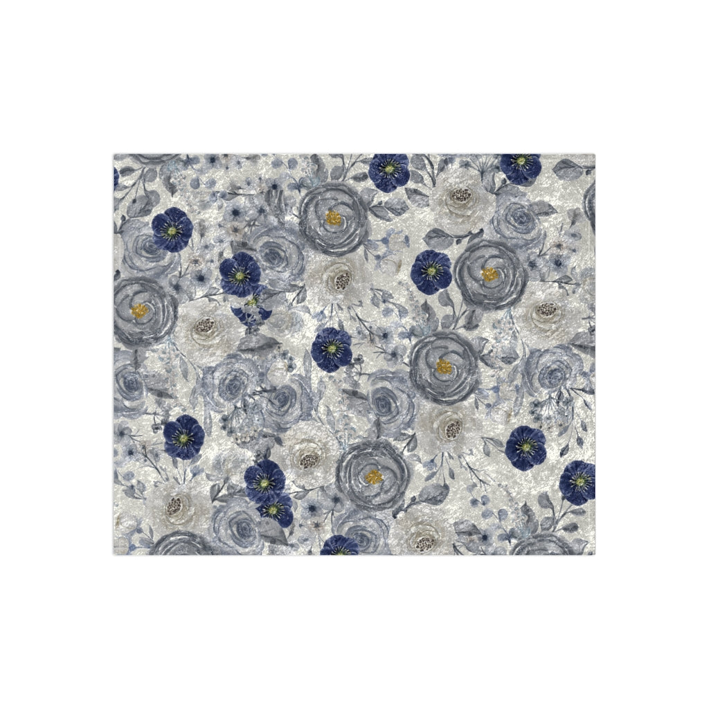 blue and white floral velvet blanket