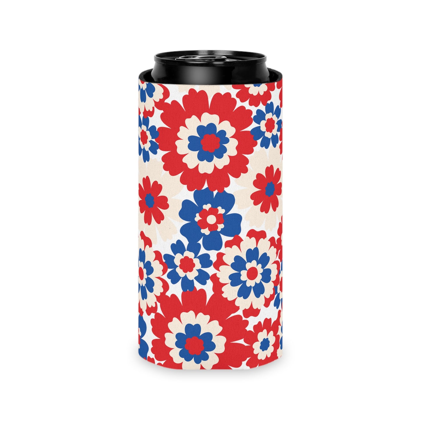 4th of july patriotic flower can cooler in red white and blue flower print