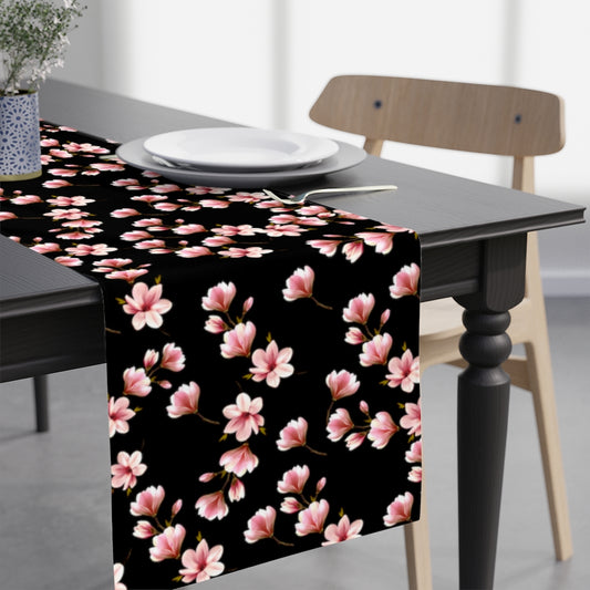 pink magnolia flower table runner with black background