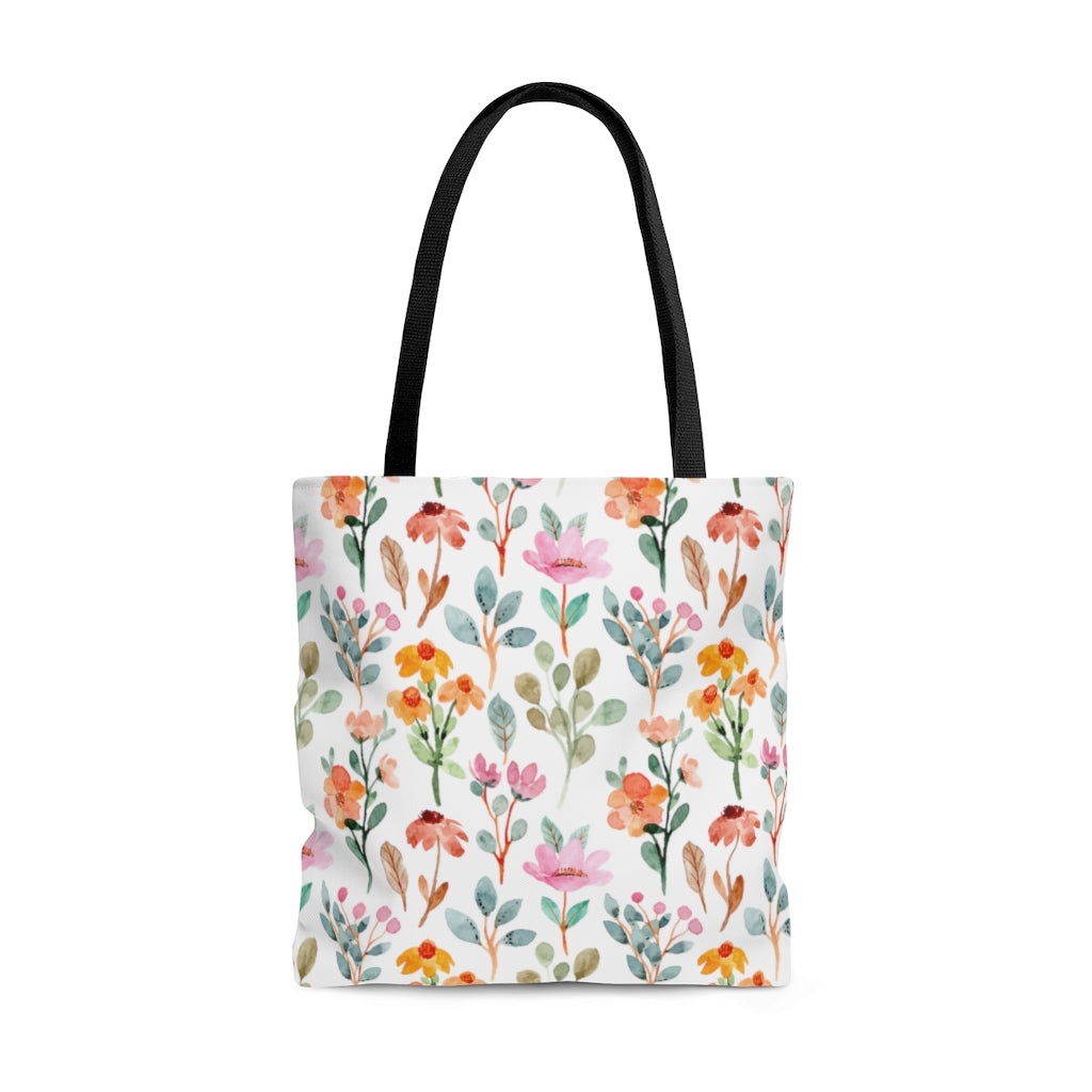 spring tote bag with flowers and eucalyptus leaves