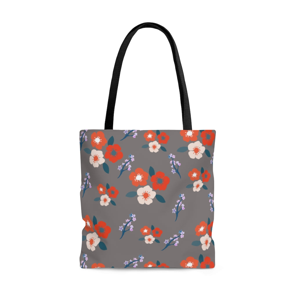 gray tote bag with orange, white and navy blue flowers