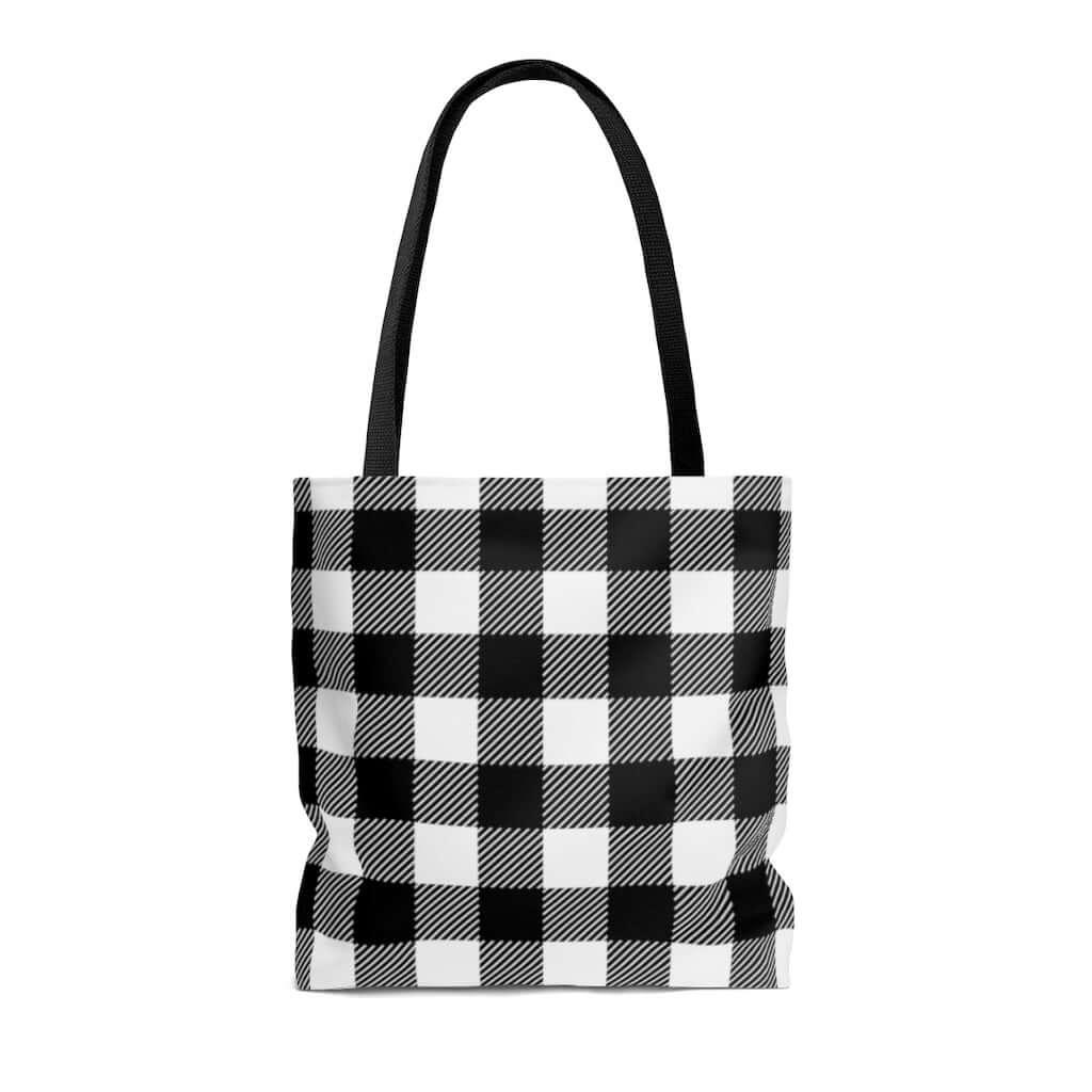 classic buffalo plaid tote bag in black and white check pattern 