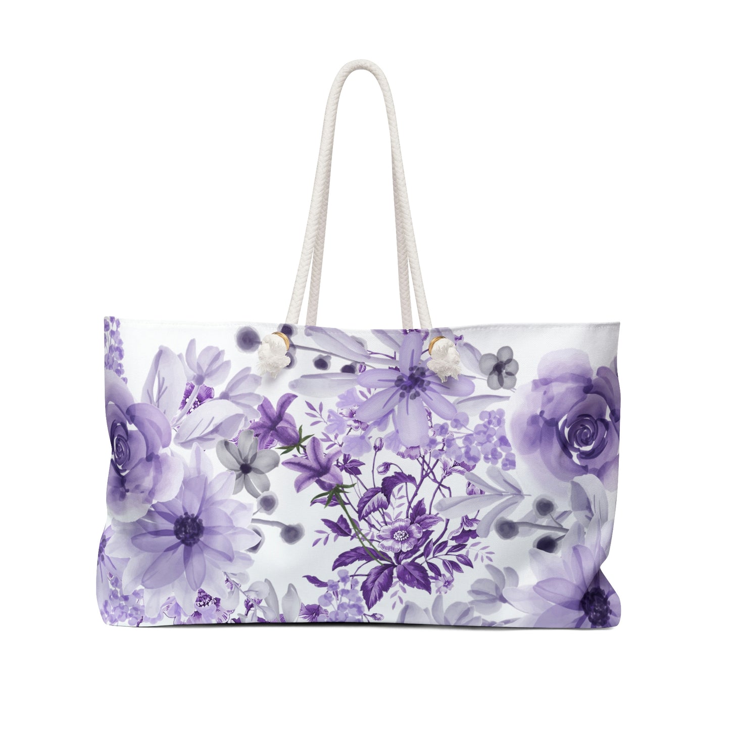 purple floral overnight bag with rope handles