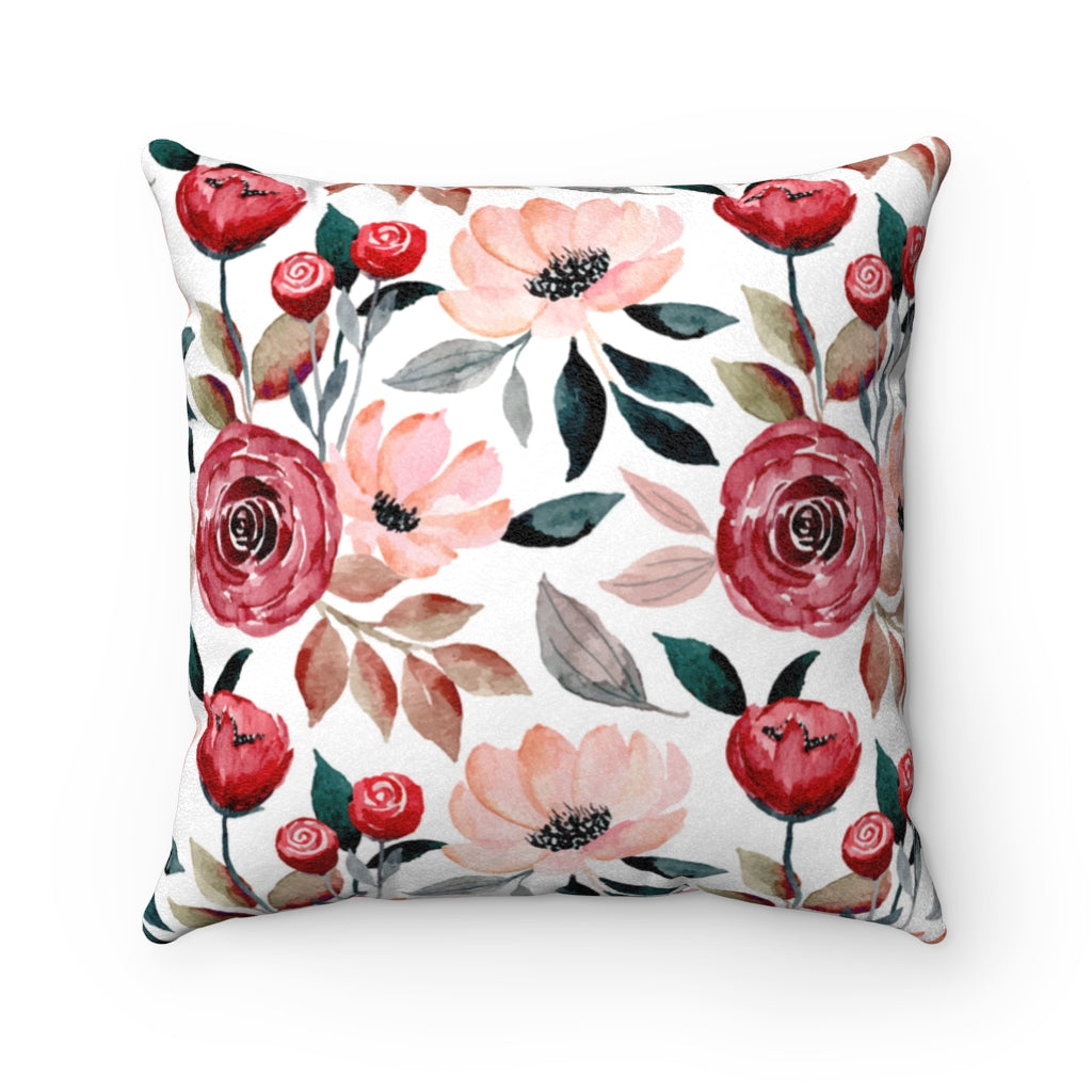 summer flower pillow with red and pink flowers and green leaves