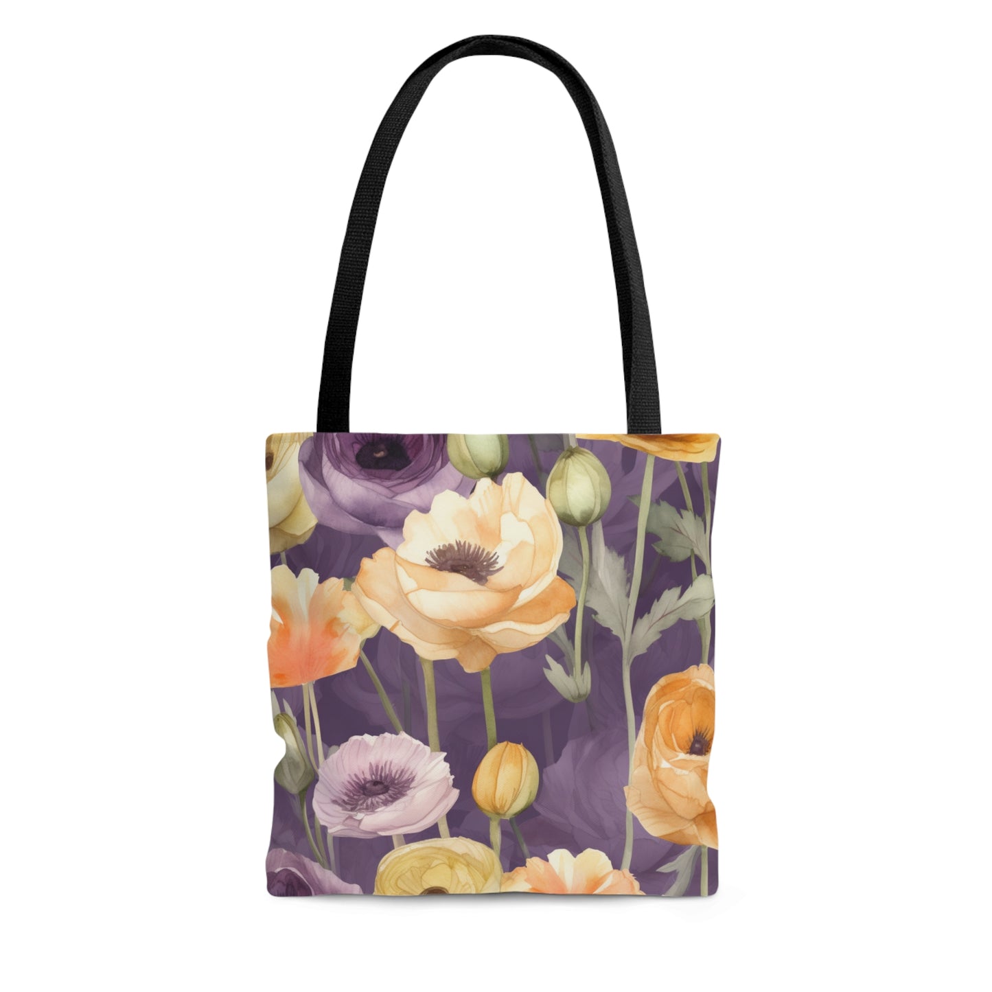 purple tote bag with purple and yellow floral print