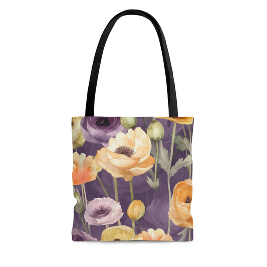 purple tote bag with purple and yellow floral print