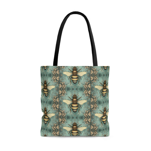 summer antique bee and flower green tote bag