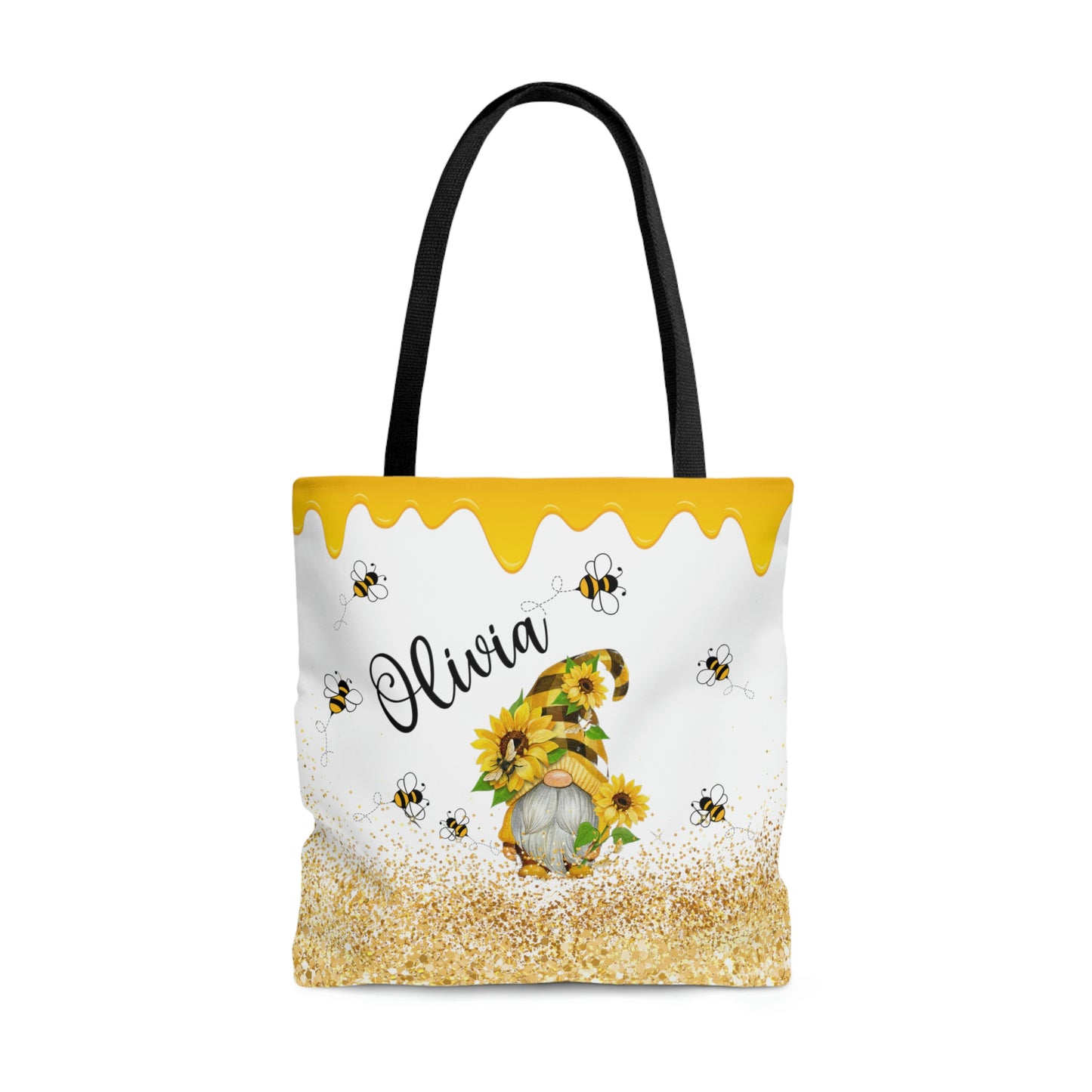 personalized summer tote bag for women with sunflower gnome and honey bee and sparles