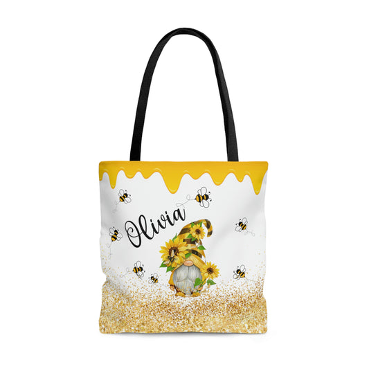 personalized summer tote bag for women with sunflower gnome and honey bee and sparles