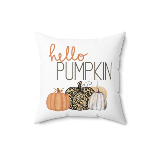 hello pumpkin pillow for fall decor. orange and leopard print pumpkins on a white background