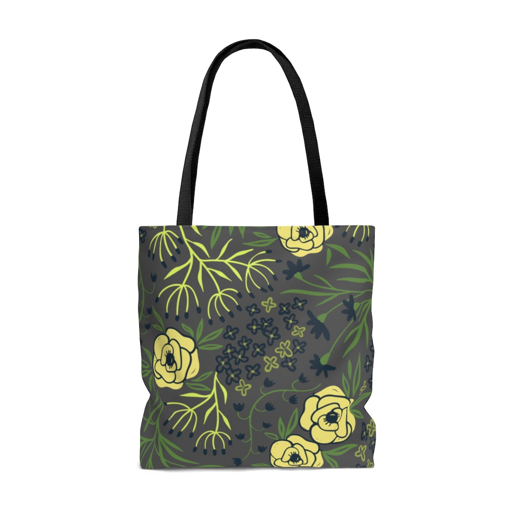 farmhouse floral tote bag in gray and yellow