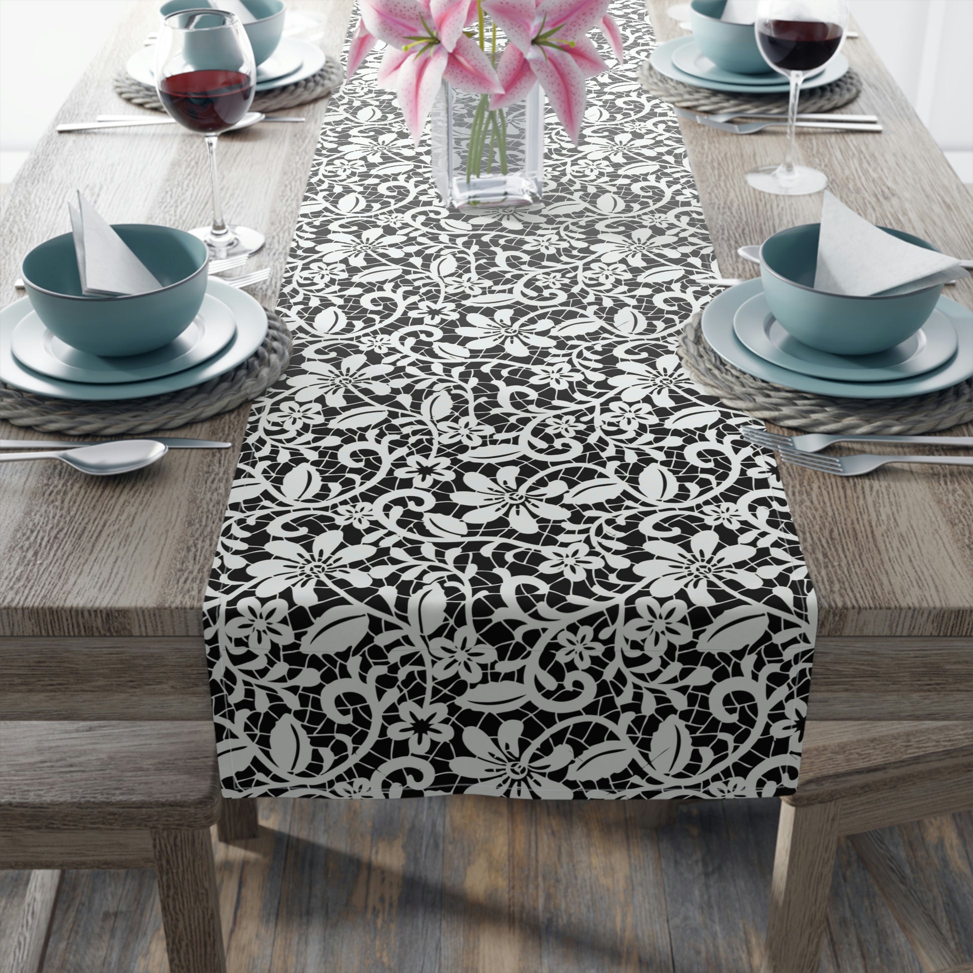 black and white floral table runner