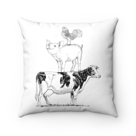 farmhouse pillow with stacked farm animals 