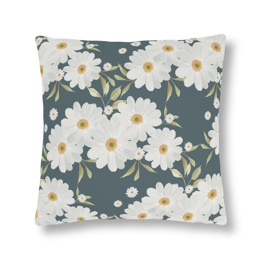 daisy pattern pillow for use outdoors on a patio or porch. Blue pillow with white daisies.