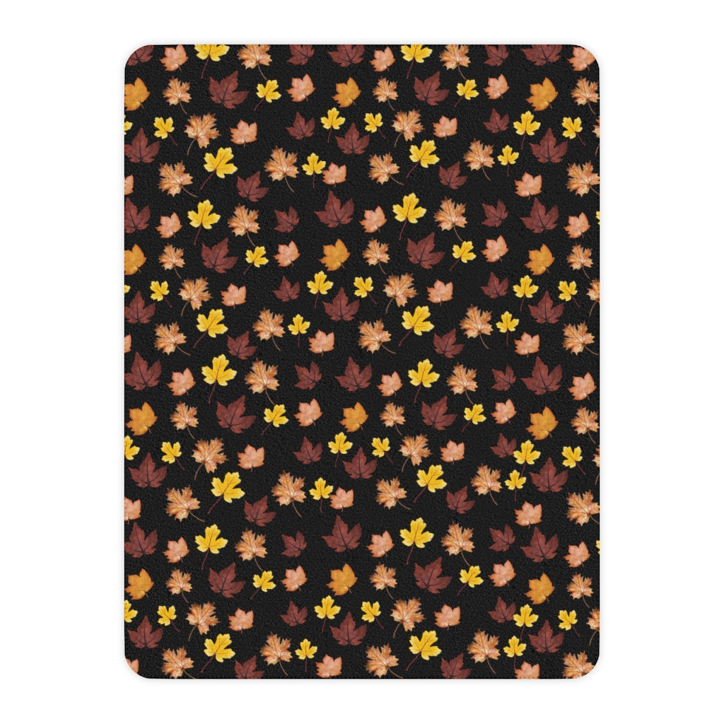 flat view of fall leaves blanket with sherpa backing