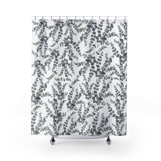 eucalyptus leaves shower curtain with green leaves on a white background