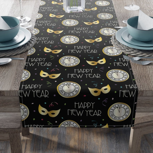 new years table runner in black and gold