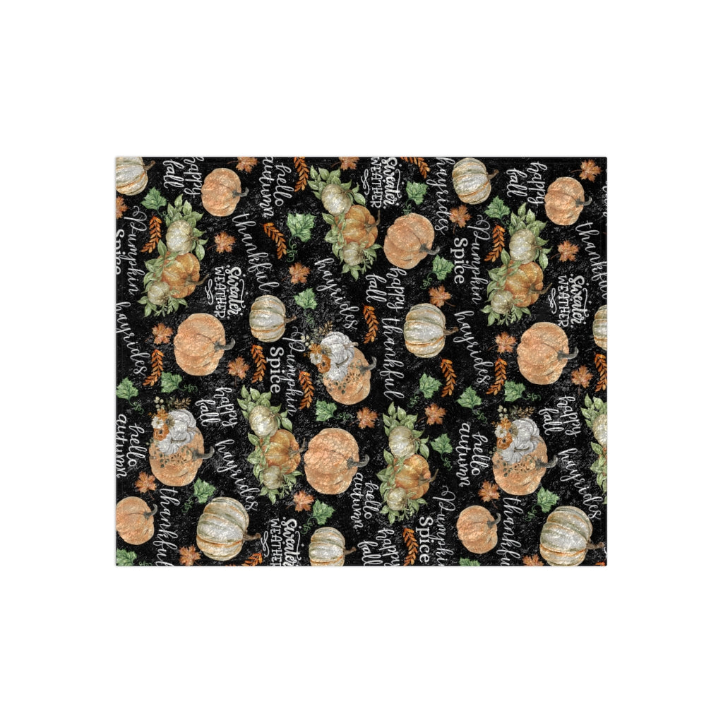 black fall blanket with pumpkins and leaves and fall sayings
